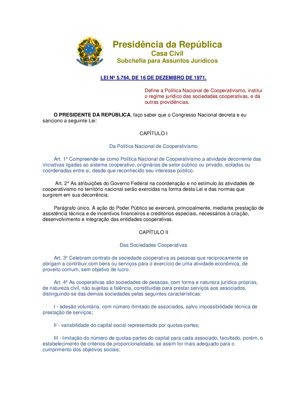LEI Nº 5 764 - Cooperativismo - Docsity