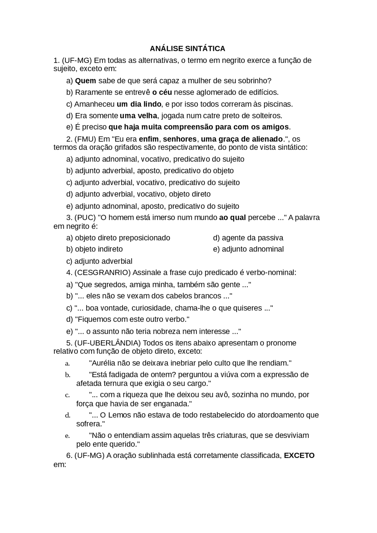 Exercícios De Análise Sintática - NAZAEDU