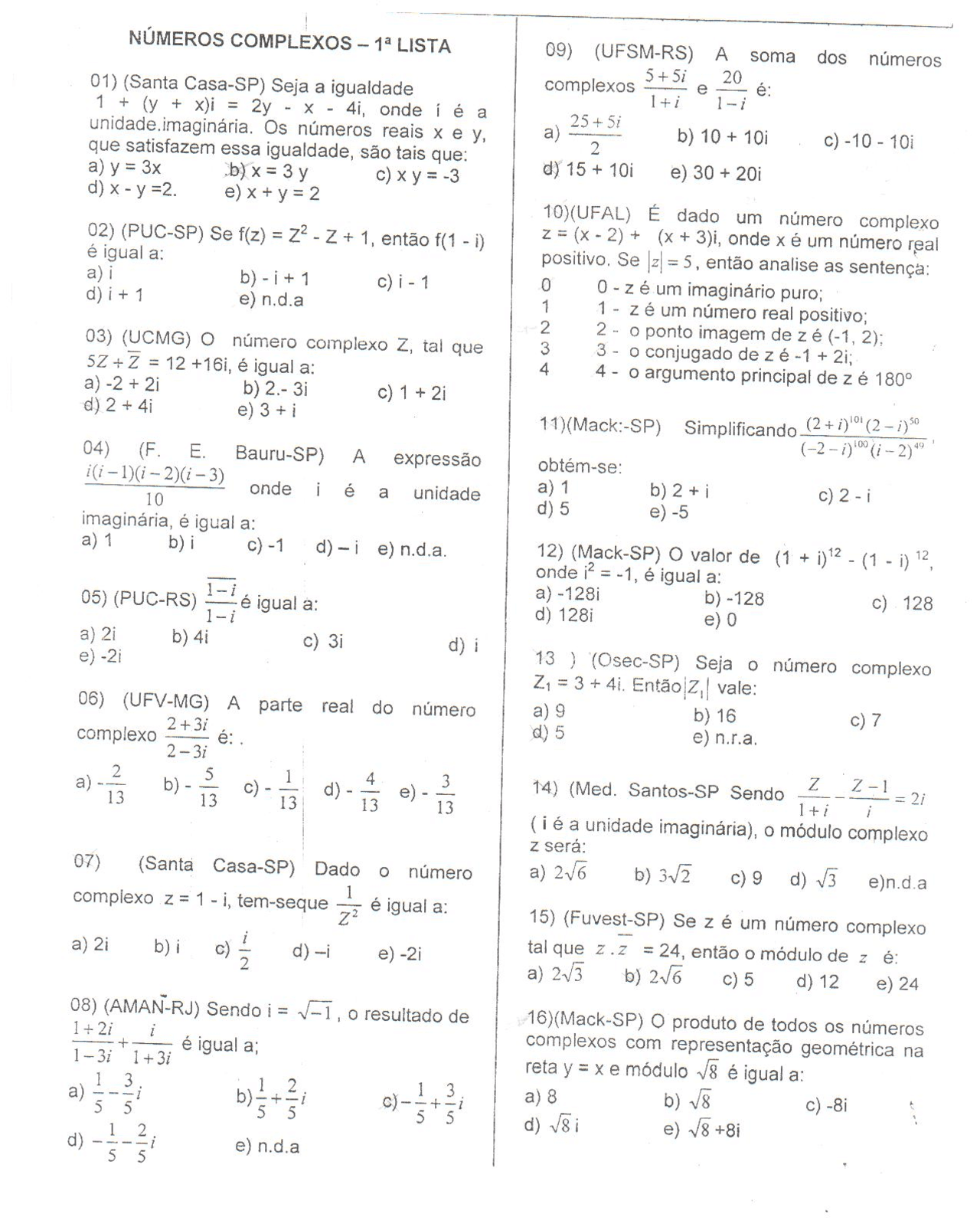 Numeros Complexos Exercicio De Numeros Complexos Com Resolucao Docsity