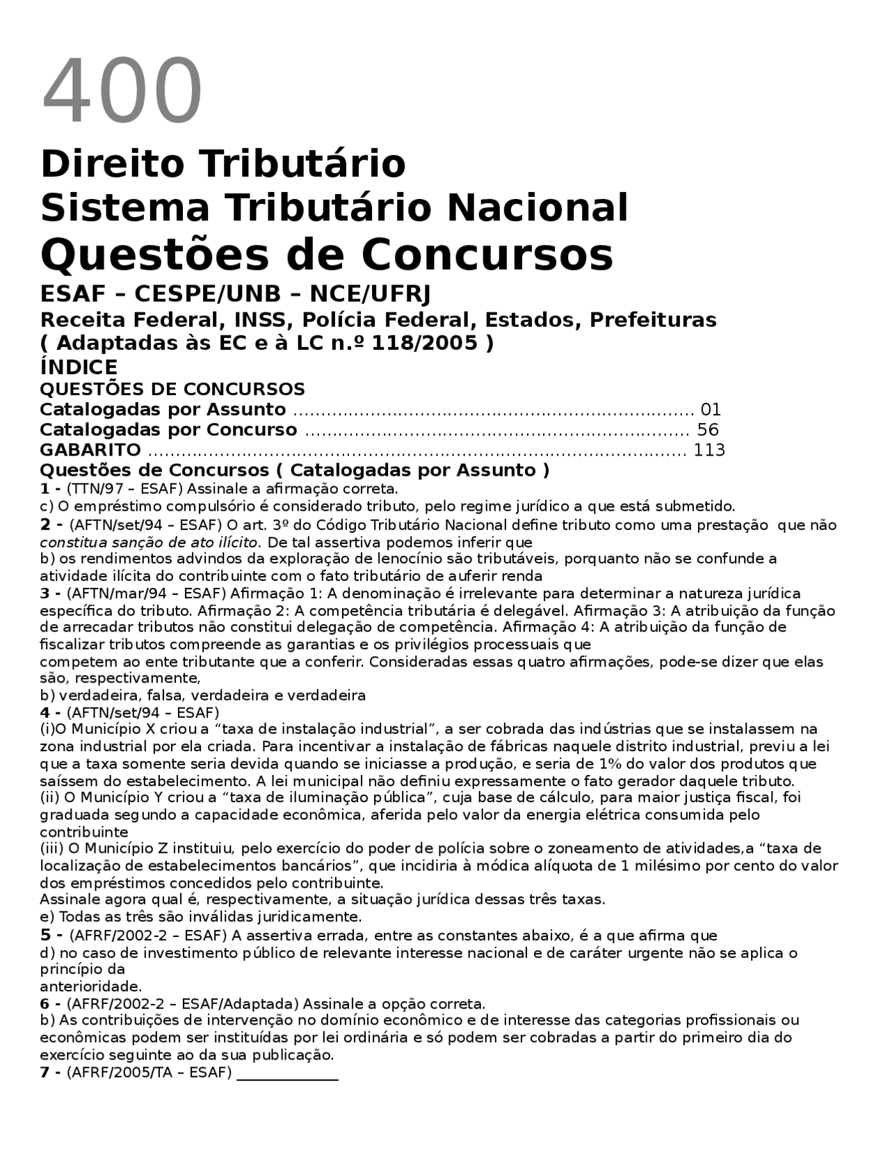 Direito tributário: 400 Questões de Concursos - Questionário para o  concurso | Docsity