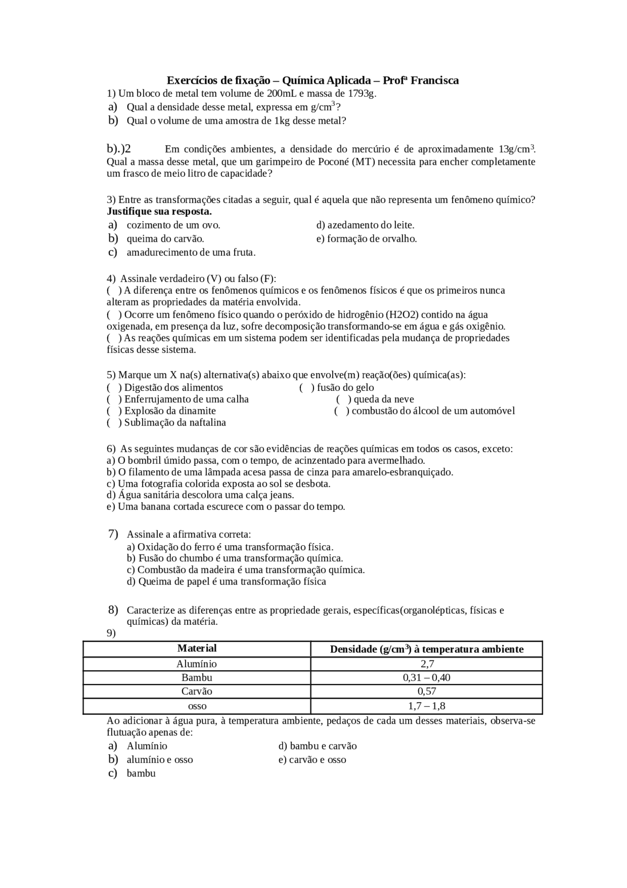 Exercicios Qa Lista 01 De Exercicios De Quimica Aplicada Docsity