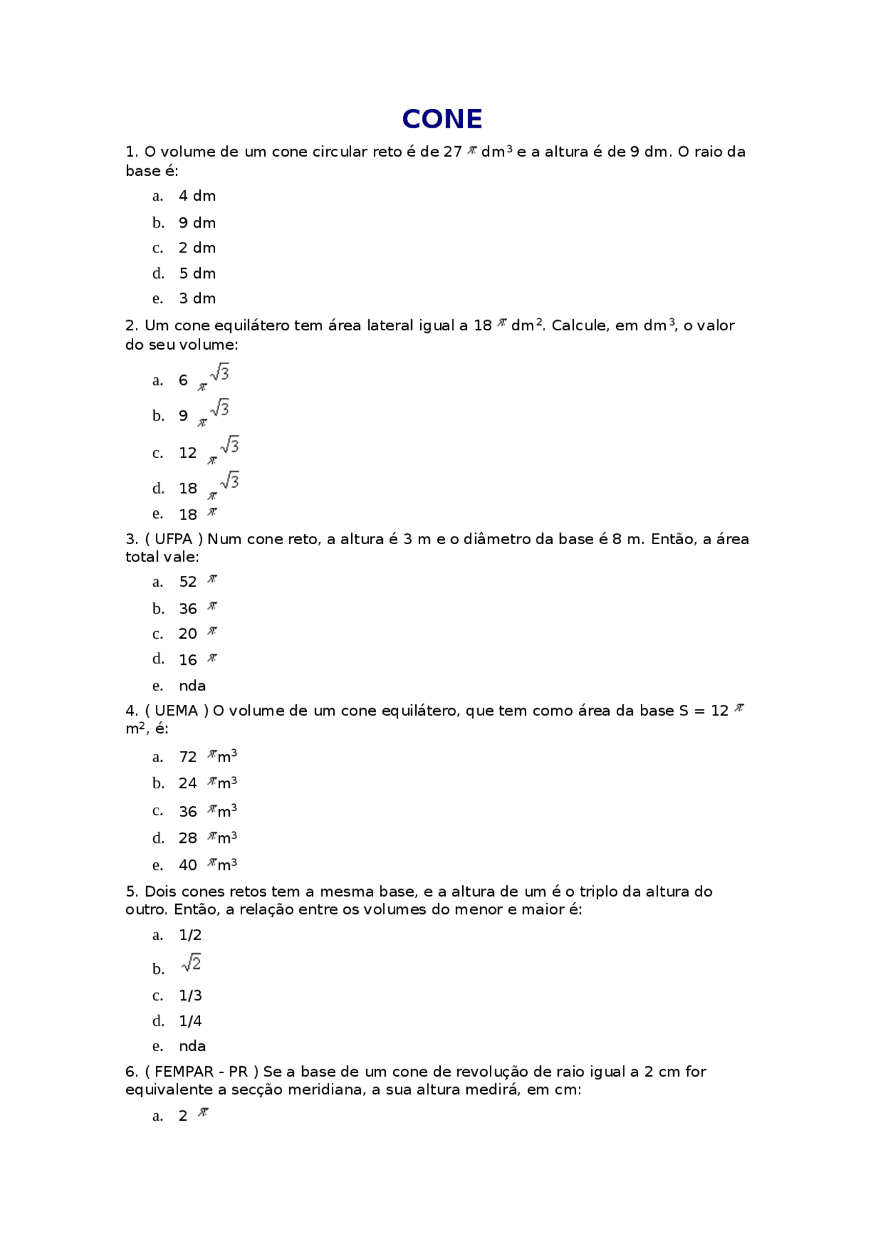 Cone Exercícios Resolvidos Pdf - RETOEDU