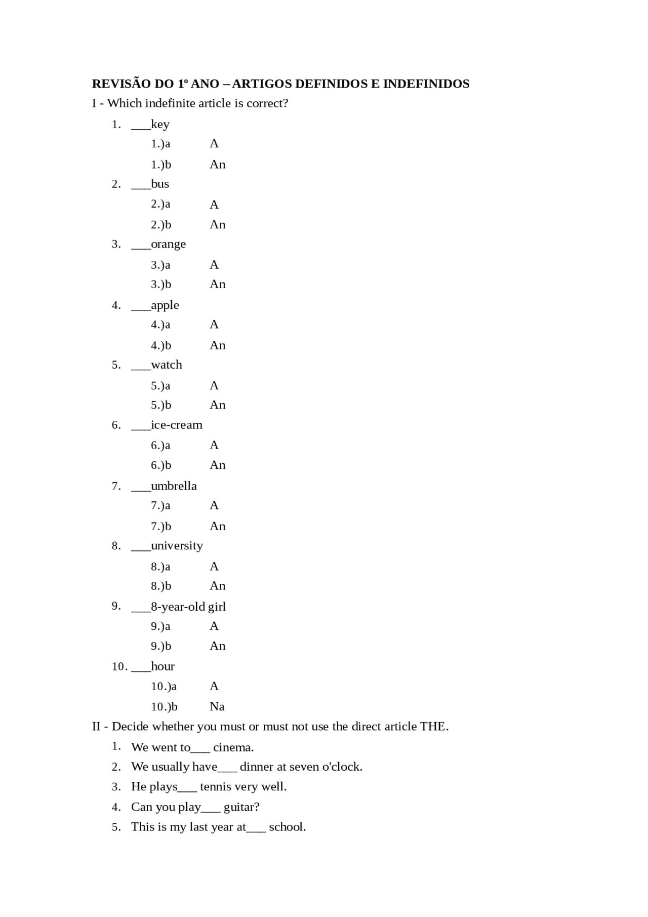 Exercicios Artigos Definidos E Indefinidos Em Ingles - REVOEDUCA