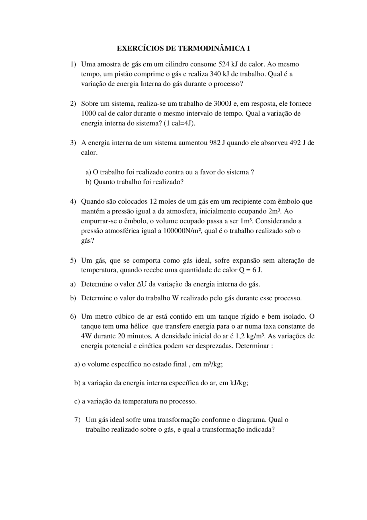 Primeira lei EXERCICIOS DE TERMODINAMICA I lista 2 - Primeira Lei ...