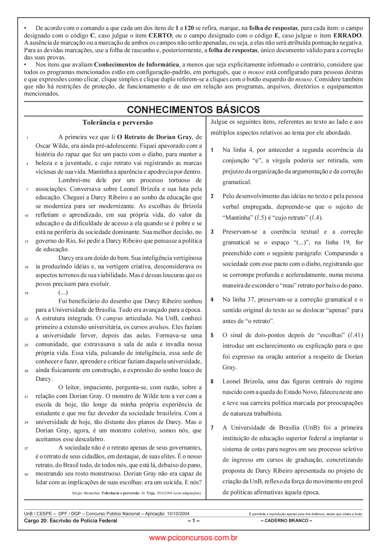 Prova do Concurso Público da Polícia Federal - Escrivão - Cargo de ...