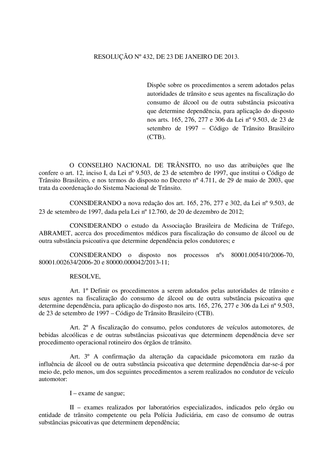 (resolução 432.2013c) LEI SECA - código de transito - Docsity