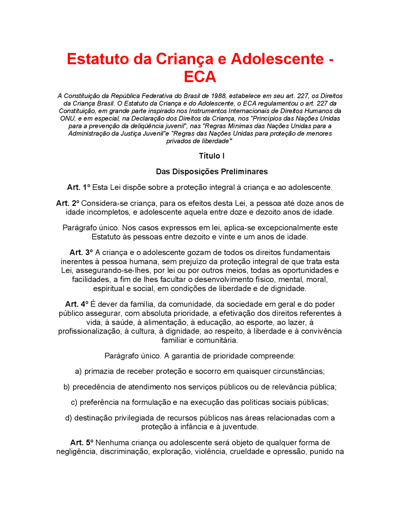 Eca estatuto - estatuto da criança e do adolescente - Docsity