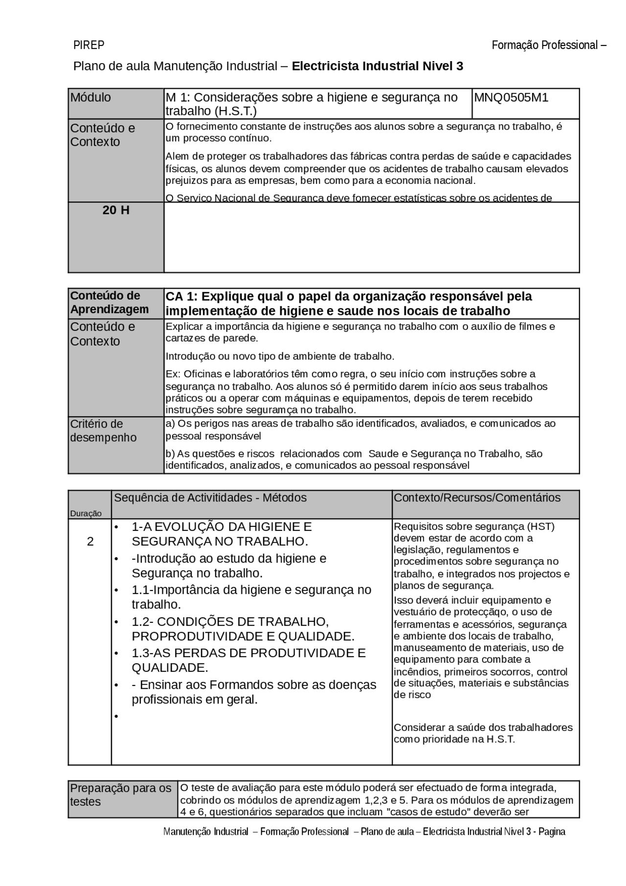 Plano de aula Manutenção Industrial - manutenção industrial | Docsity