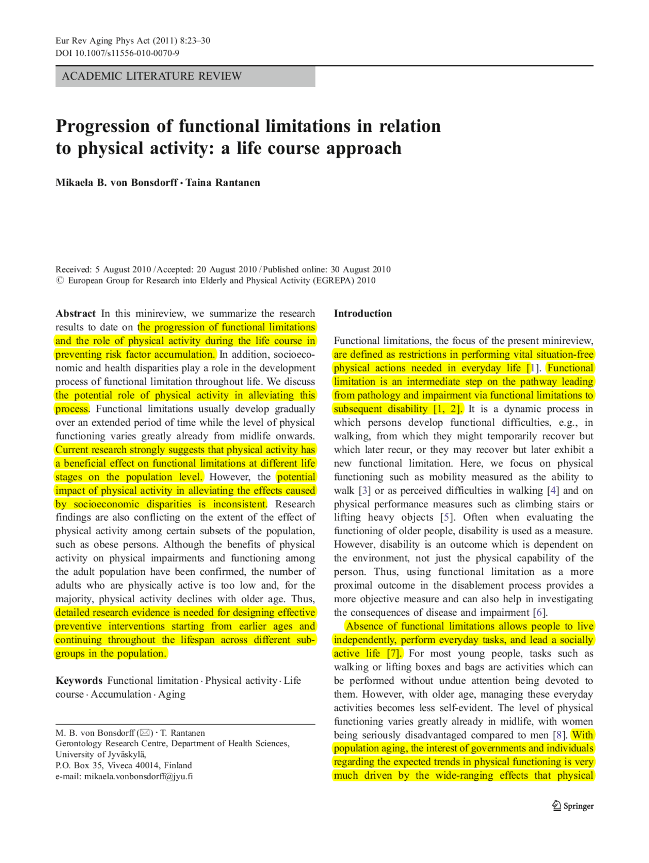 Functional Limitations Worksheet.pdf Bondsdorff and Raatanen 2011 review progression of functional ...
