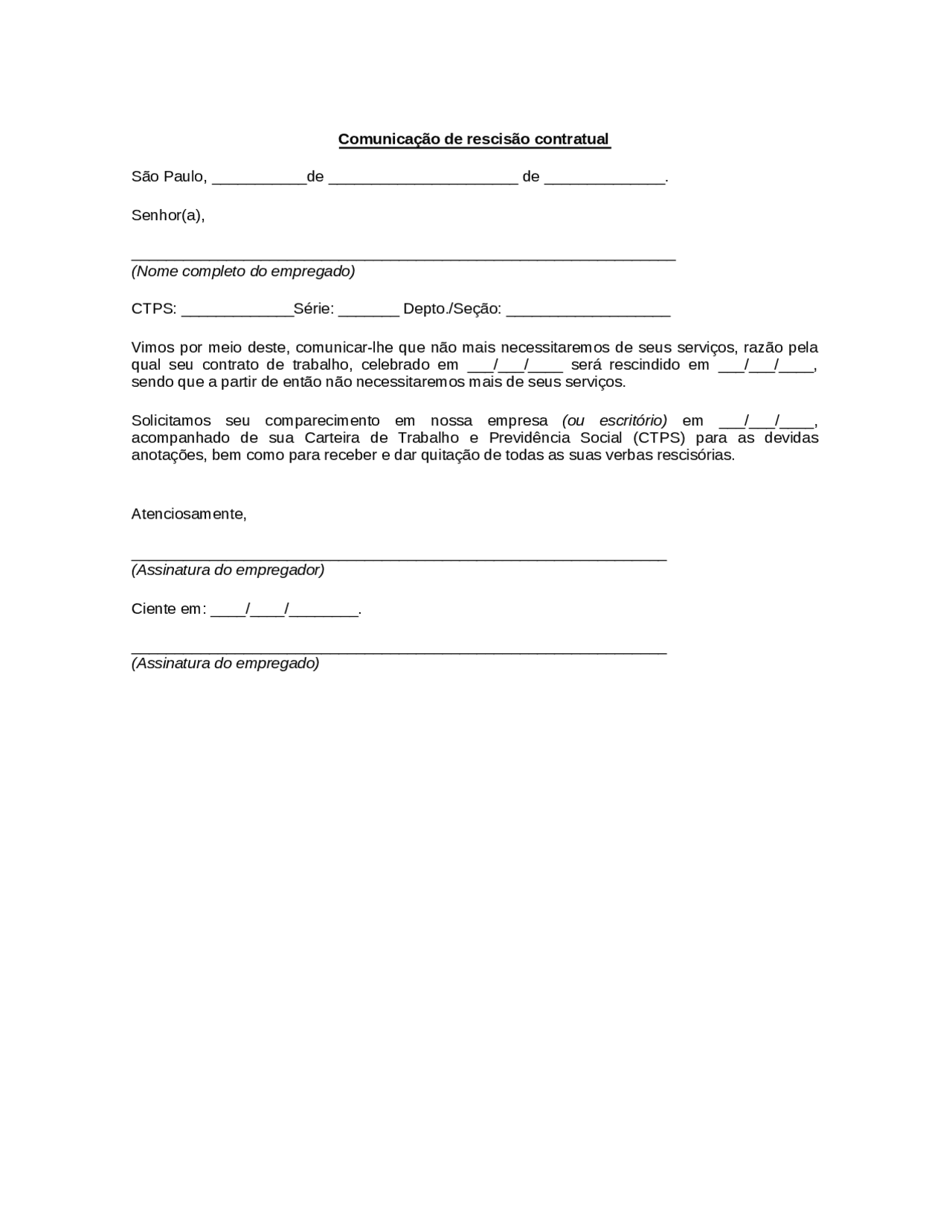 Carta de dispensa do empregado  AVISO PRÉVIO DE DEMISSÃO  Docsity