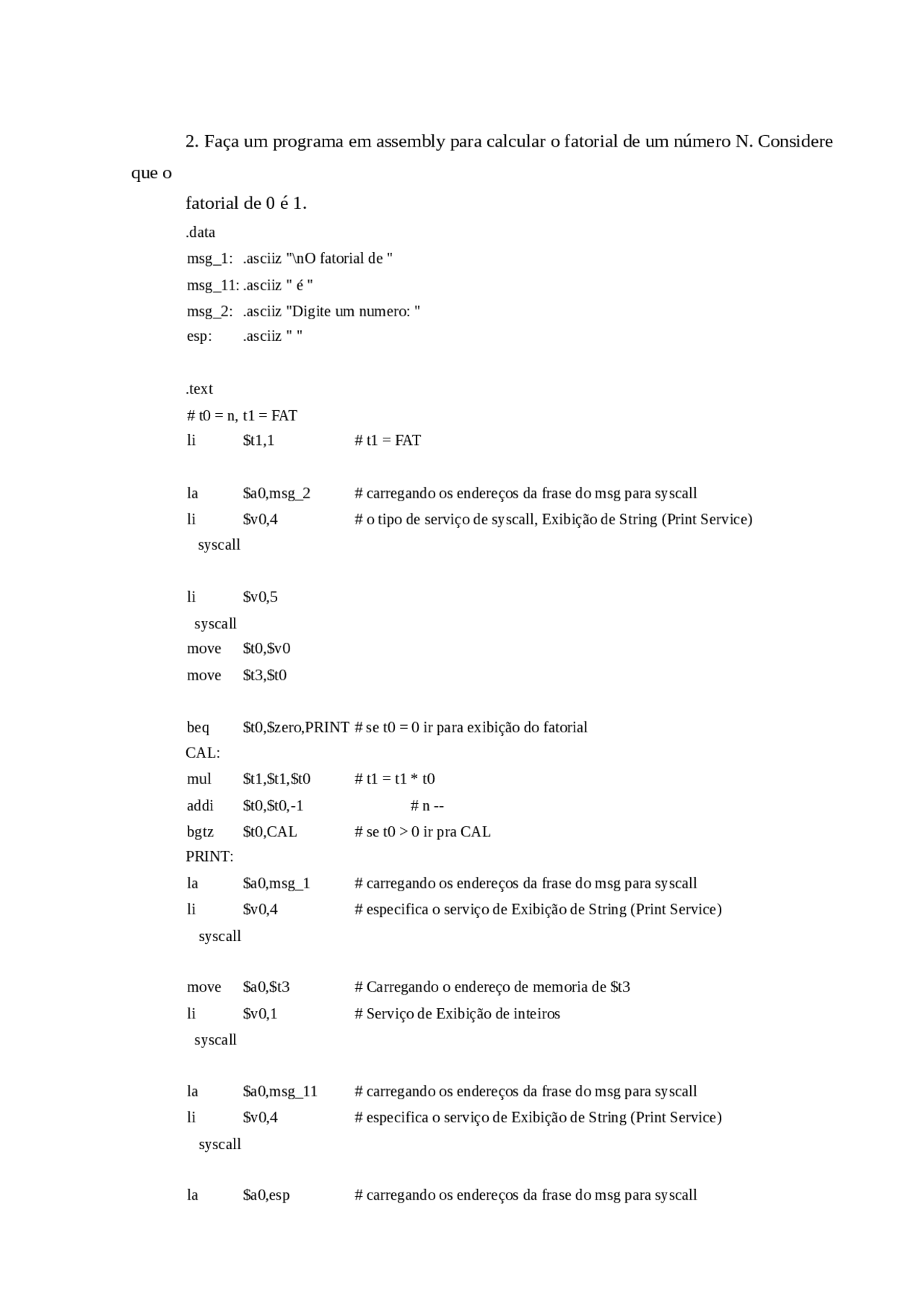 Programa Assembly-fatorial - Programa em Assembly | Docsity