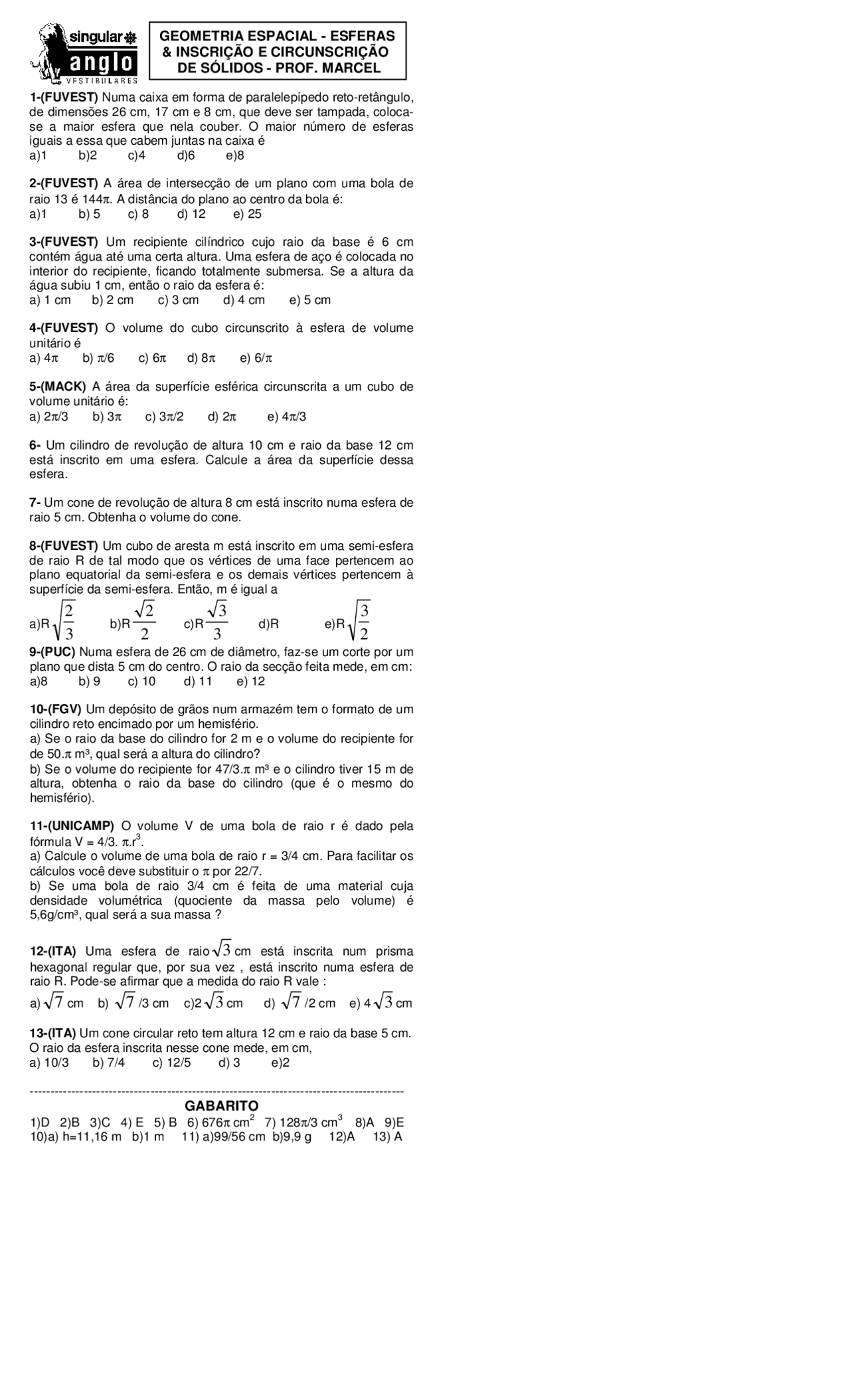 64 Esferas Geometria Espacial Esferas Lista De Exercicios Do Cursinho Singular Docsity 64 Esferas Geometria Espacial Esferas Lista De Exercicios Do Cursinho Singular Docsity