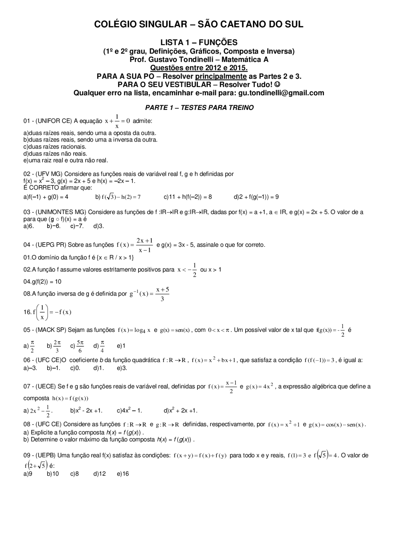 Funcoes 1 E 2 Grau Definicoes Graficos Composta E Inversa Singular Anglo Exercicios Docsity