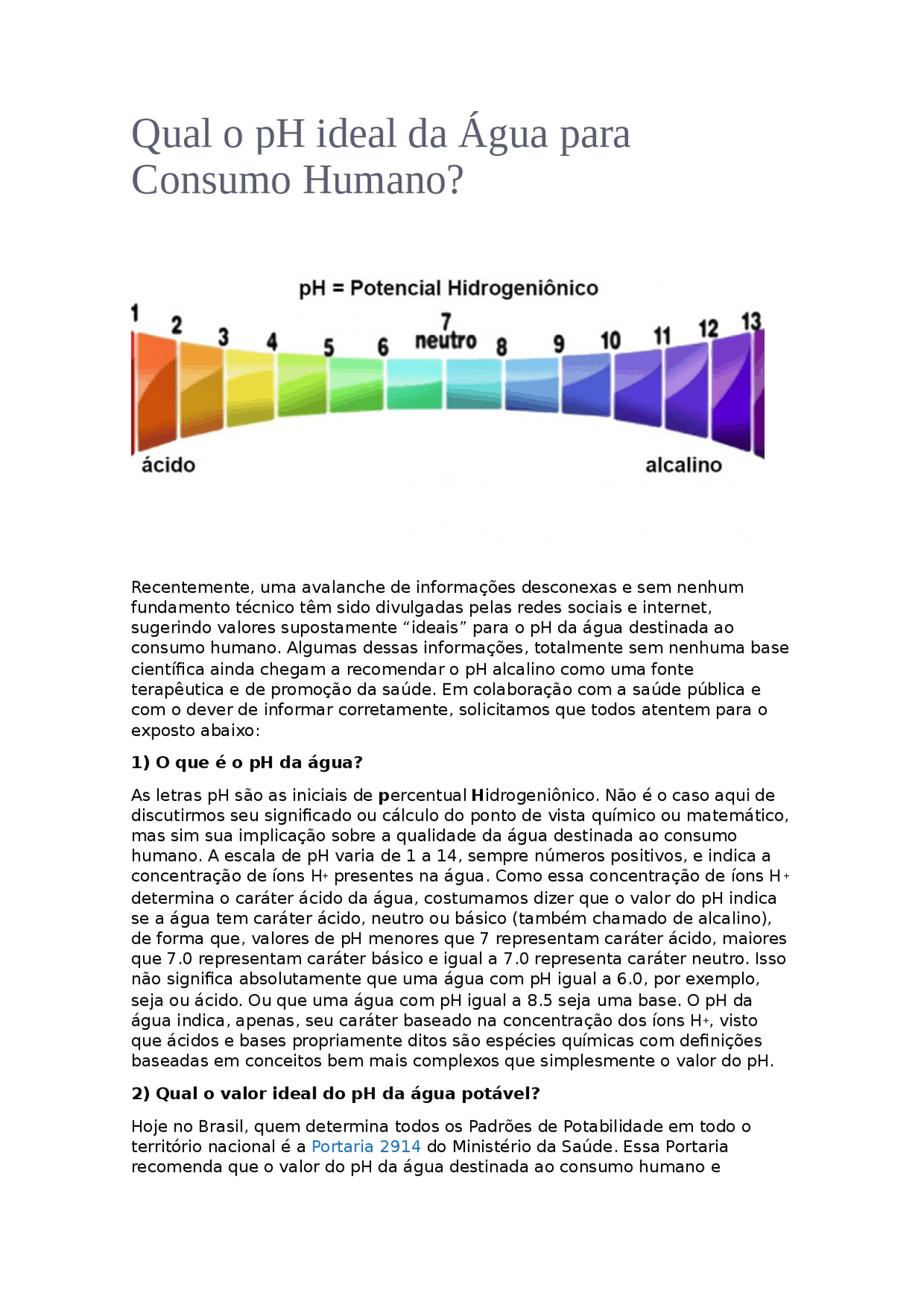 Qual o pH ideal da Água para Consumo Humano - Trabalho de Rogério ...