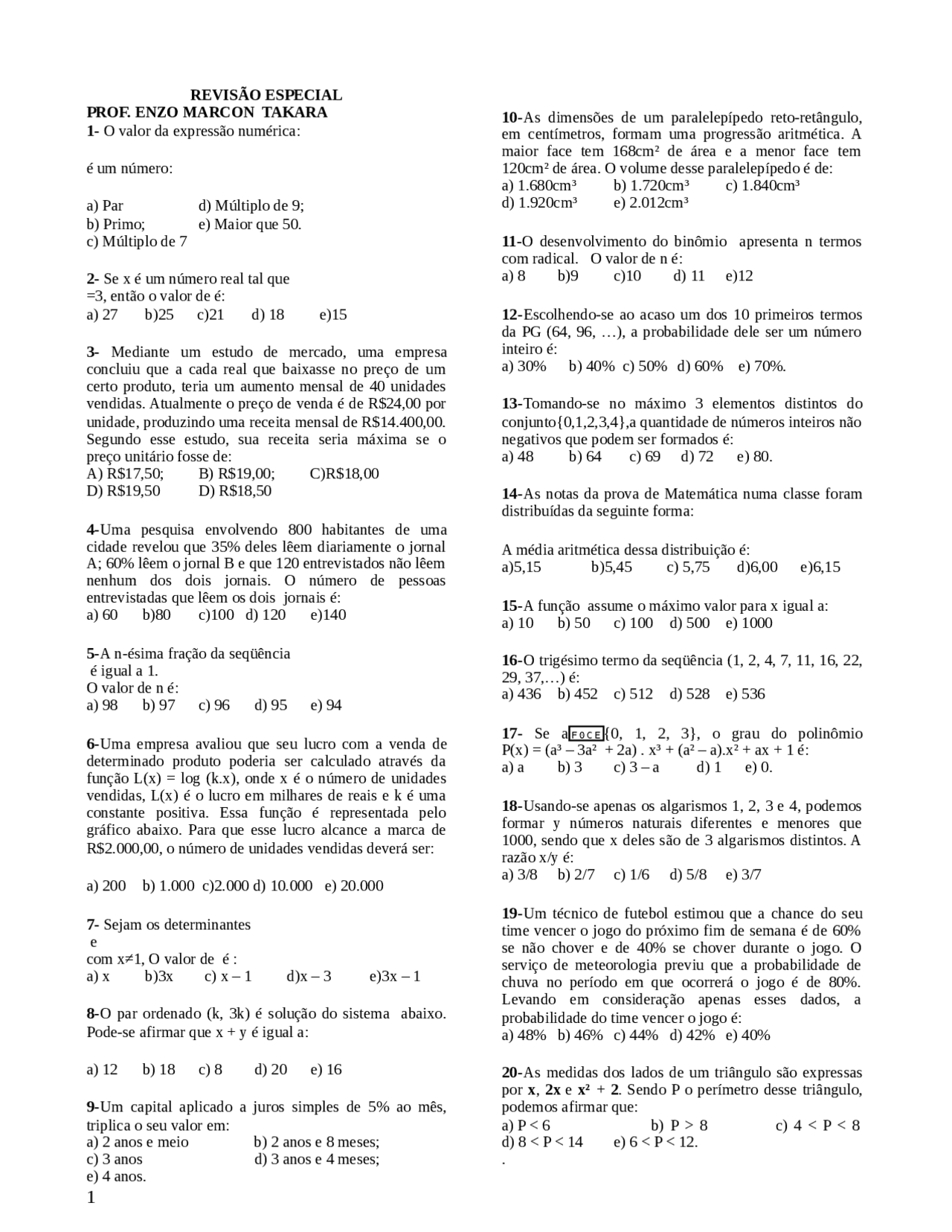 Revisao Especial Sem Referencia De Faculdade Exercicios De Matematica Do Prof Docsity