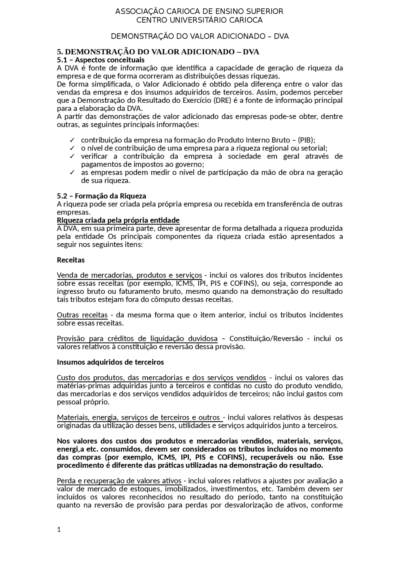 Demonstração do Valor Adicionado - DVA - demonstração do DVA - Docsity