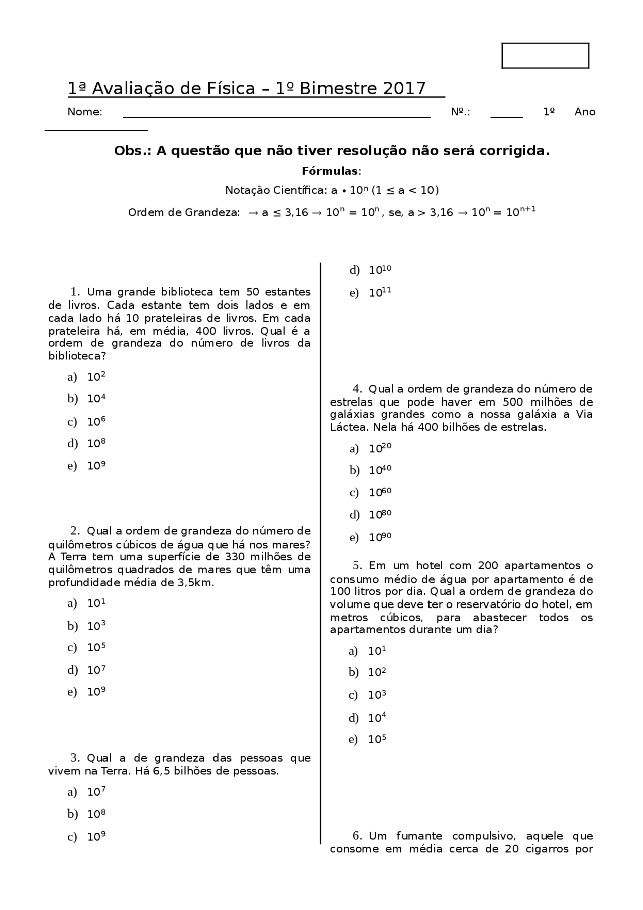 Prova De Fisica 1 Ano Com Respostas - FDPLEARN