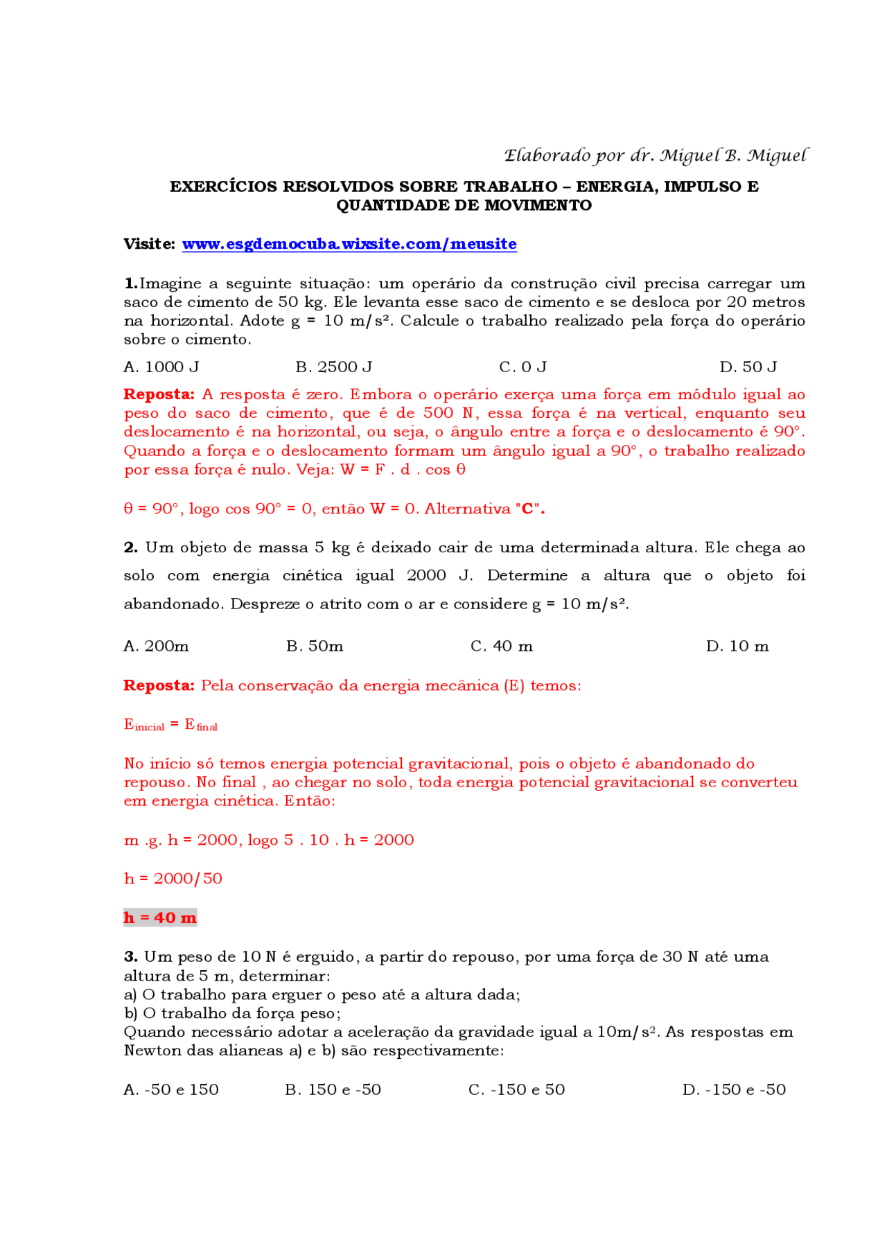 Problemas Resolvidos Sobre Energia Impulso E Quantidade De Movimento Exercicios Docsity