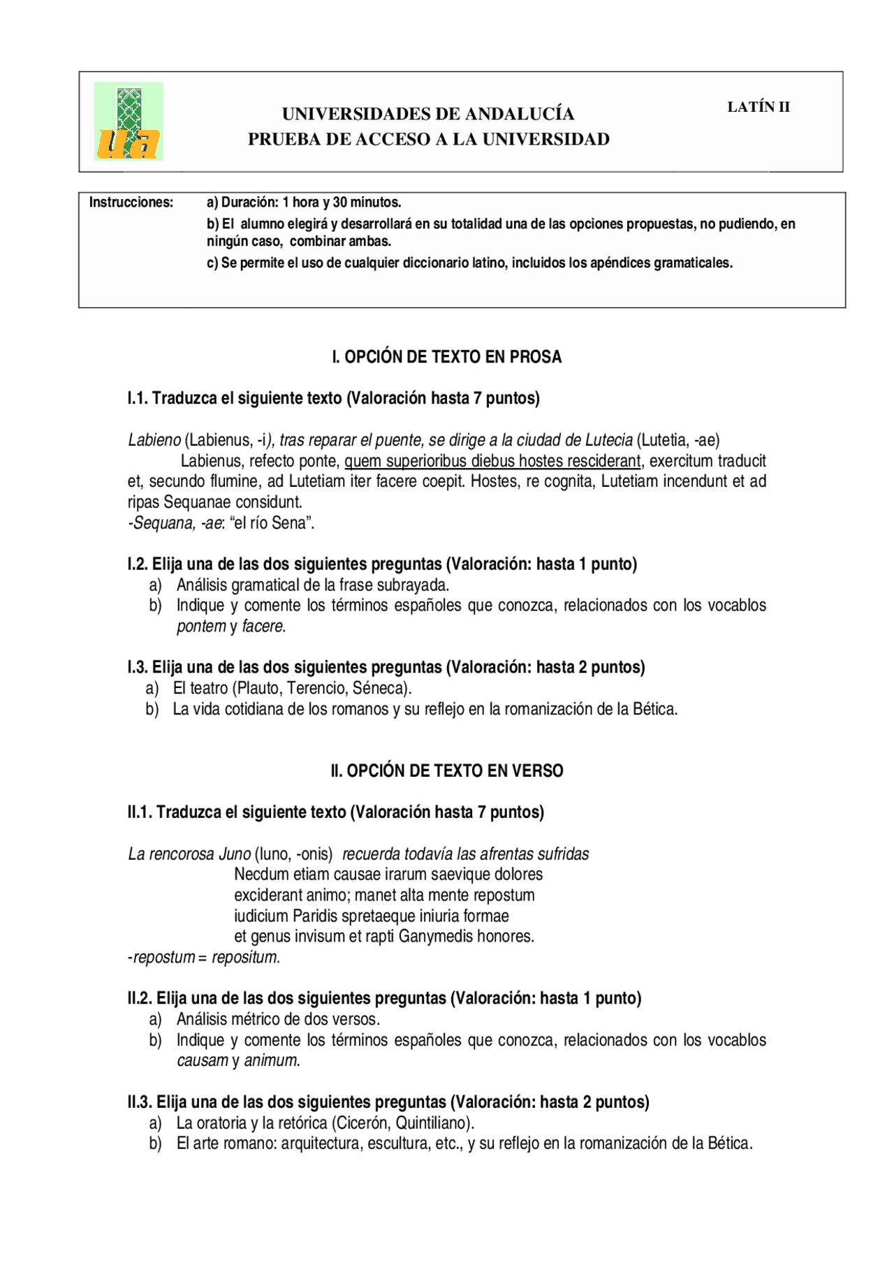 Examenes Selectividad Latin Examen de Latín - Selectividad Andalucia - Año 2007 - Exámenes