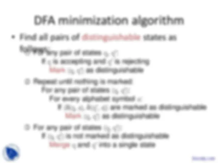 DFA Minimization Algorithm and Pigeonhole Principle | Slides Theory of ...