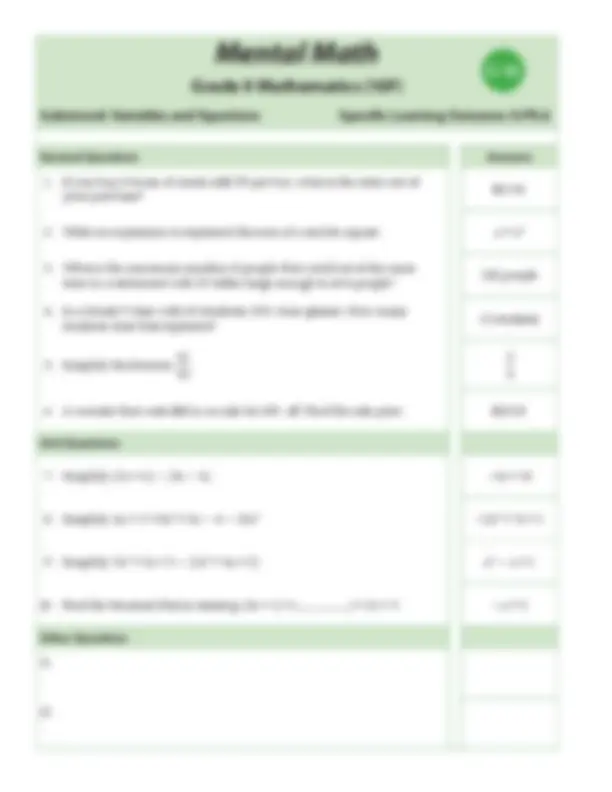 Mental Math_Grade 9 Mathematics | Exams Mathematics | Docsity