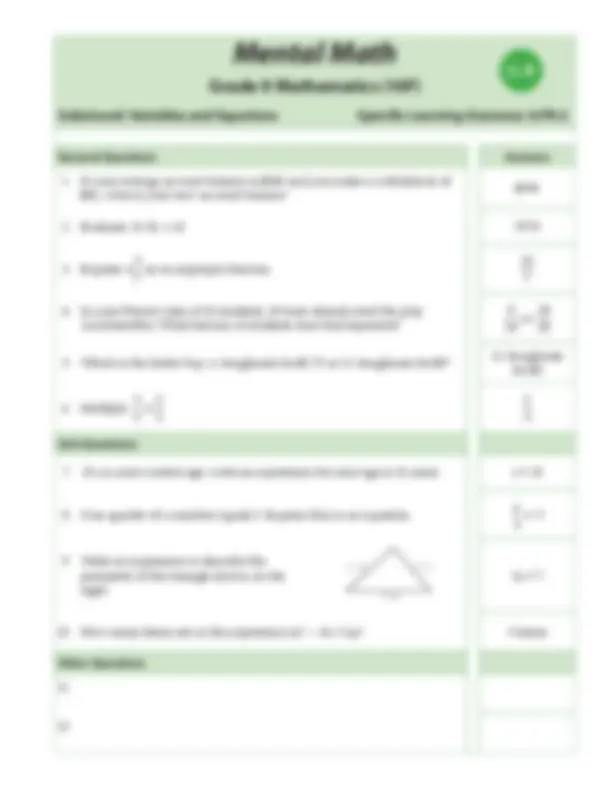 Mental Math_Grade 9 Mathematics | Exams Mathematics | Docsity