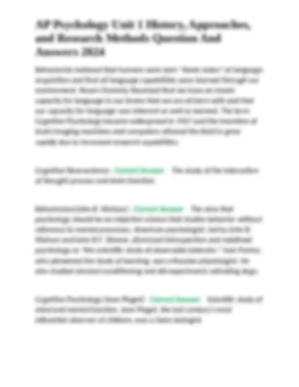 AP Psychology Unit 1 History, Approaches, and Research Methods Question ...