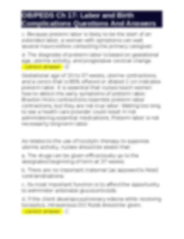 OB/PEDS Ch 17: Labor and Birth Complications Questions And Answers ...
