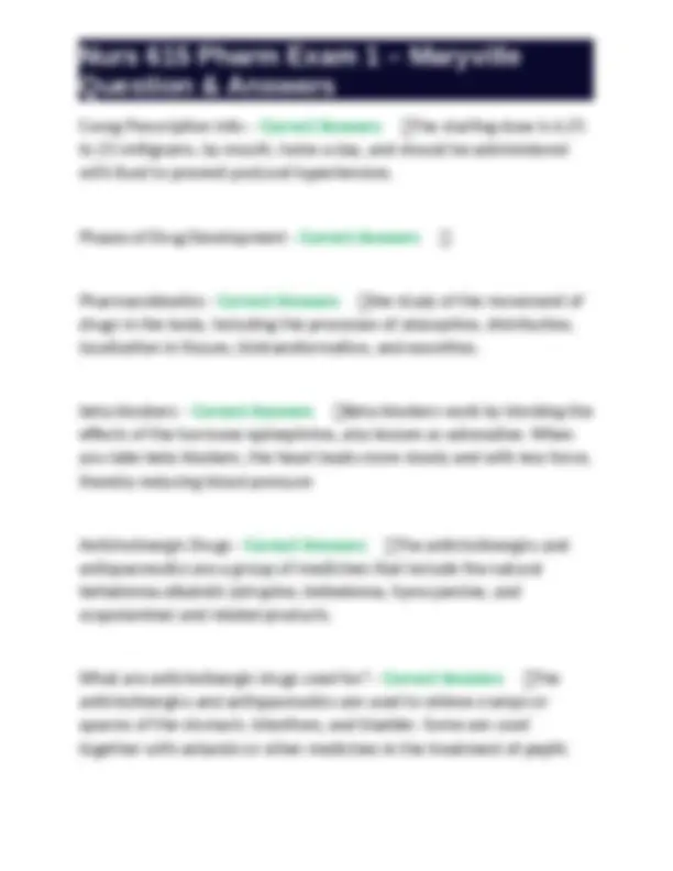 Nurs 615 Pharm Exam 1 – Maryville | Exams Nursing | Docsity