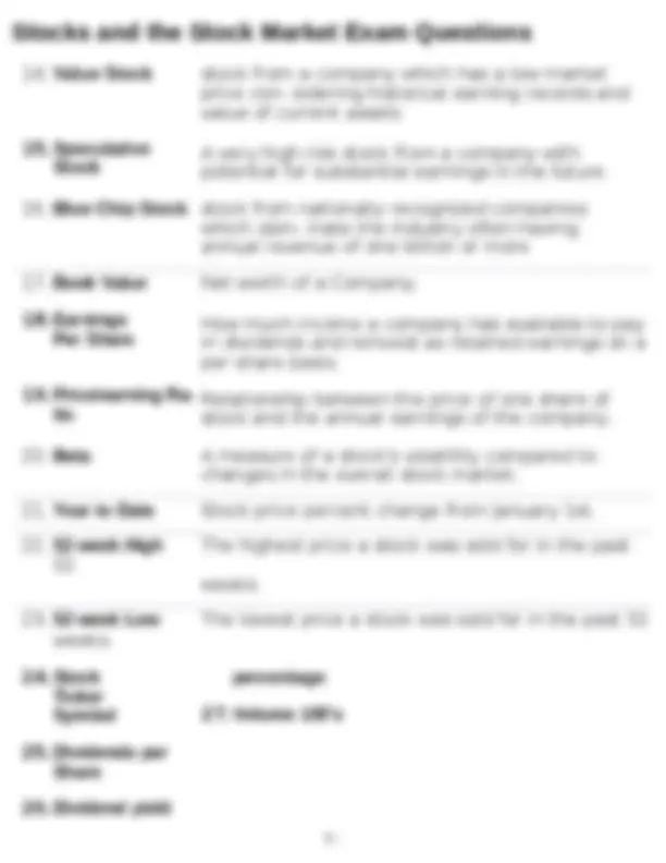 Stock Market Question Stocks and the Stock Market Exam Questions | Exams Economics | Docsity