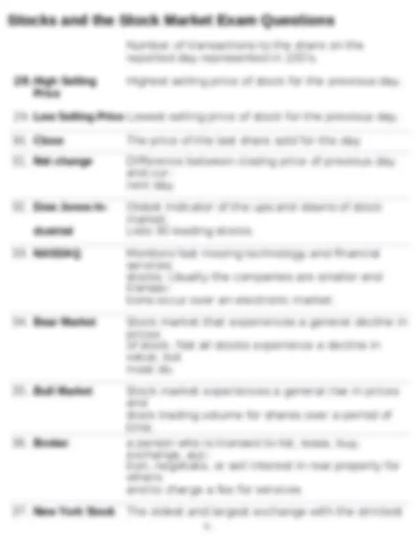 Stock Market Question Stocks and the Stock Market Exam Questions | Exams Economics | Docsity
