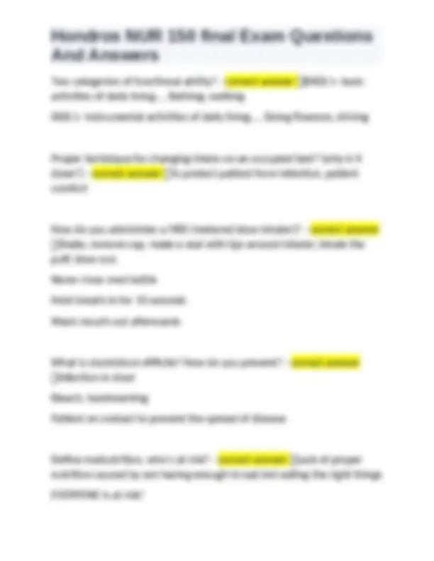 Hondros NUR 150 final Exam Questions And Answers | Exams Nursing | Docsity