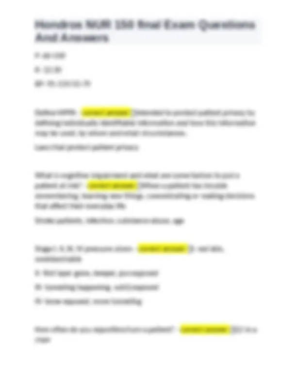 Hondros NUR 150 final Exam Questions And Answers | Exams Nursing | Docsity