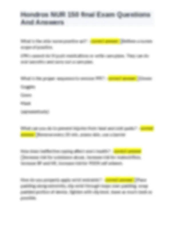 Hondros NUR 150 final Exam Questions And Answers | Exams Nursing | Docsity