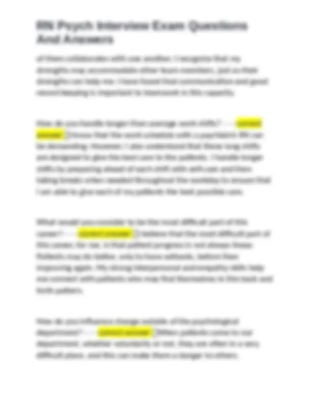 Psych Interview Questions RN Psych Interview Exam Questions and Answers | Exams Psychiatry | Docsity