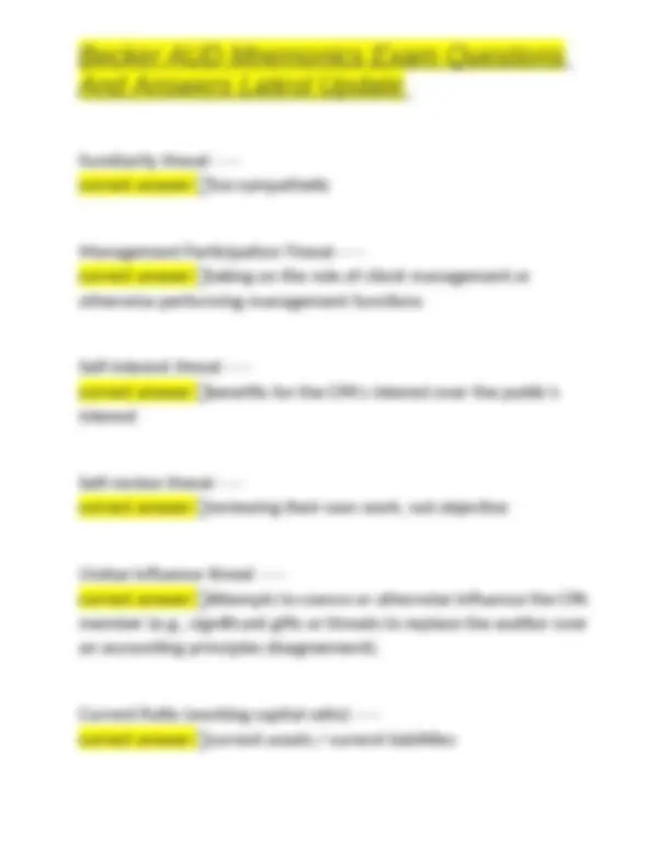 Becker AUD Mnemonics Exam Questions and Answers | Exams Auditing | Docsity