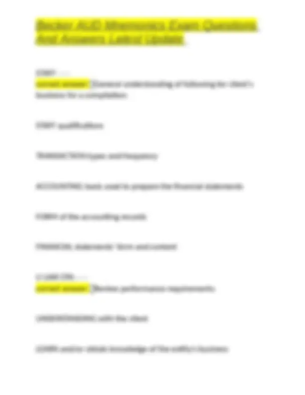 Becker AUD Mnemonics Exam Questions and Answers | Exams Auditing | Docsity