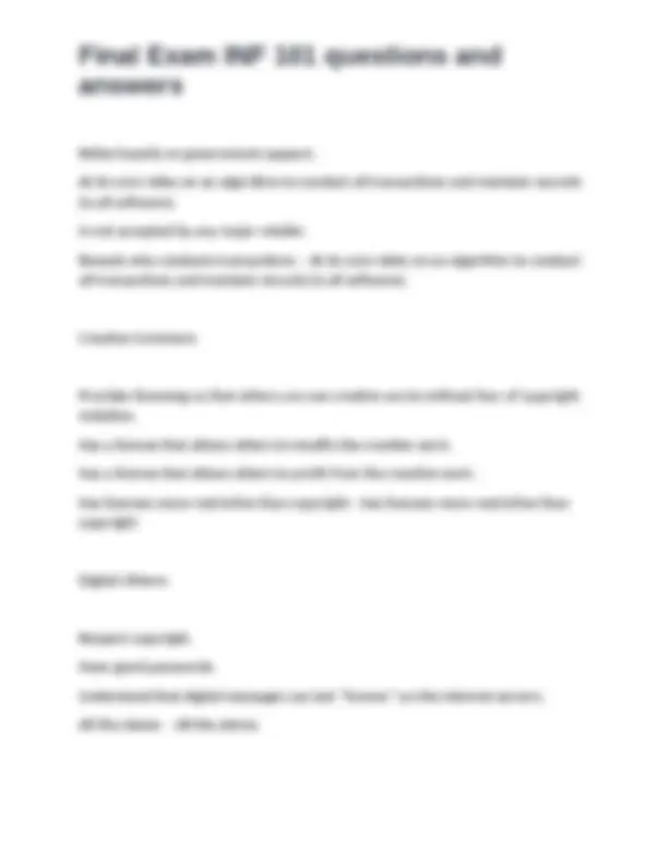 INF 101 Final Exam Questions and Answers: Data Visualization and Excel ...