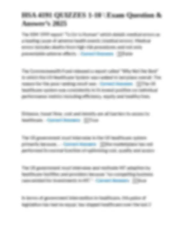 Hsa Questions HSA 4191 Quizzes 1-10: Exam Questions and Answers 2025 | Exams Nursing ...