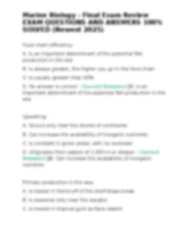Marine Biology - Final Exam Review EXAM QUESTIONS AND ANSWERS 100% ...