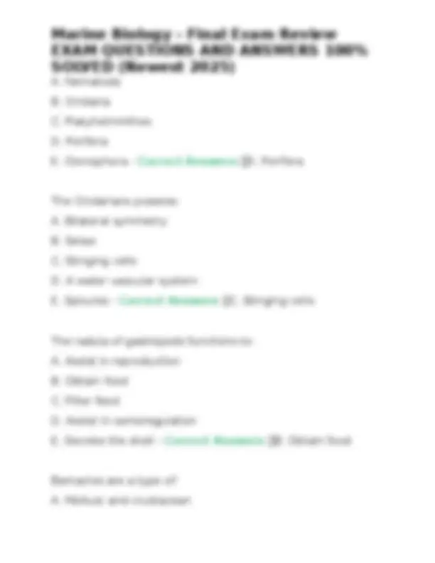 Marine Biology - Final Exam Review EXAM QUESTIONS AND ANSWERS 100% ...