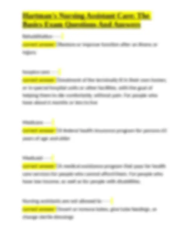 Hartman's Nursing Assistant Care: The Basics Exam Questions and Answers ...