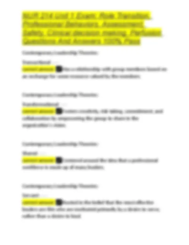 NUR 214 Unit 1 Exam Role Transition, Professional Behaviors, Assessment ...