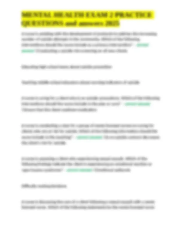 MENTAL HEALTH EXAM 2 PRACTICE QUESTIONS and answers 2025. | Exams ...