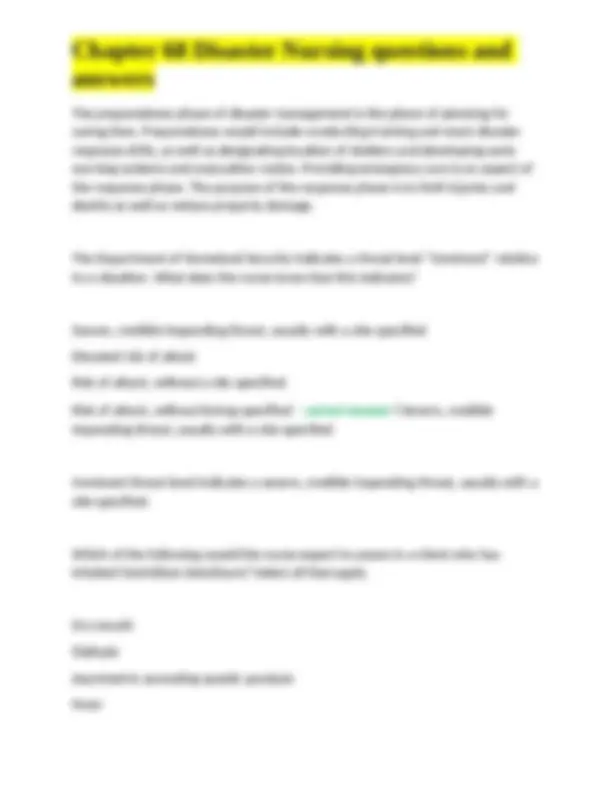 Chapter 68 Disaster Nursing questions and answers | Exams Nursing | Docsity