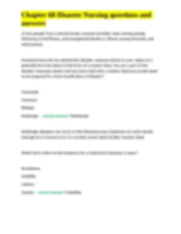 Chapter 68 Disaster Nursing questions and answers | Exams Nursing | Docsity