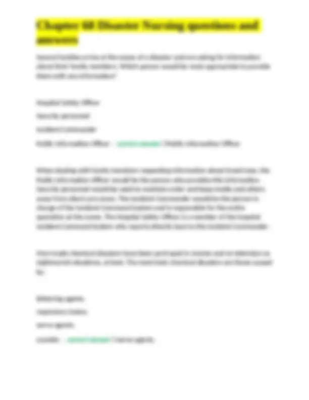 Chapter 68 Disaster Nursing questions and answers | Exams Nursing | Docsity