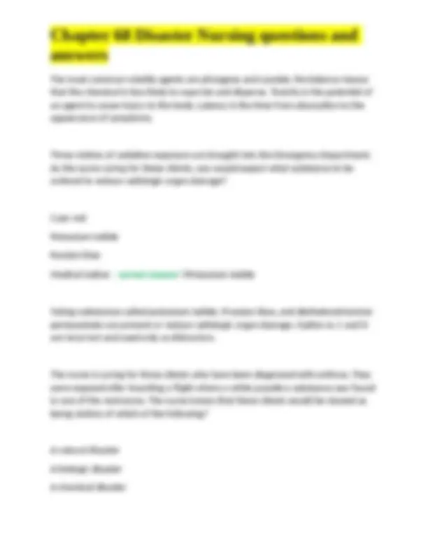 Chapter 68 Disaster Nursing questions and answers | Exams Nursing | Docsity