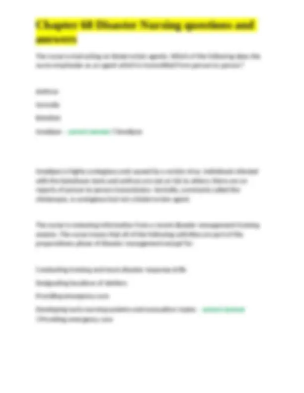 Chapter 68 Disaster Nursing questions and answers | Exams Nursing | Docsity