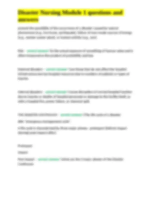 Disaster Nursing Module 1 questions and answers | Exams Nursing | Docsity